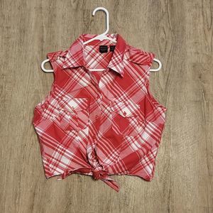 Quizz Again & Co Button Up Shirt ~ Sz L ~ Red & White Plaid ~ Sleeveless